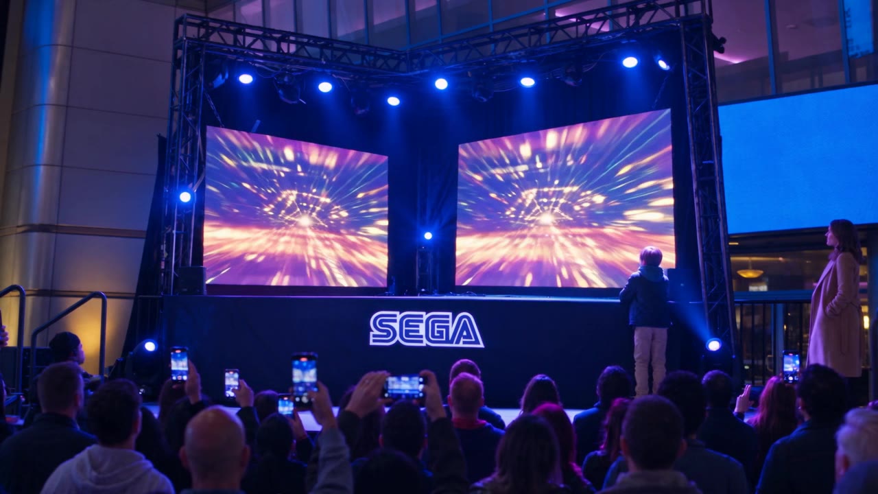 The stage screens show his win to the crowd